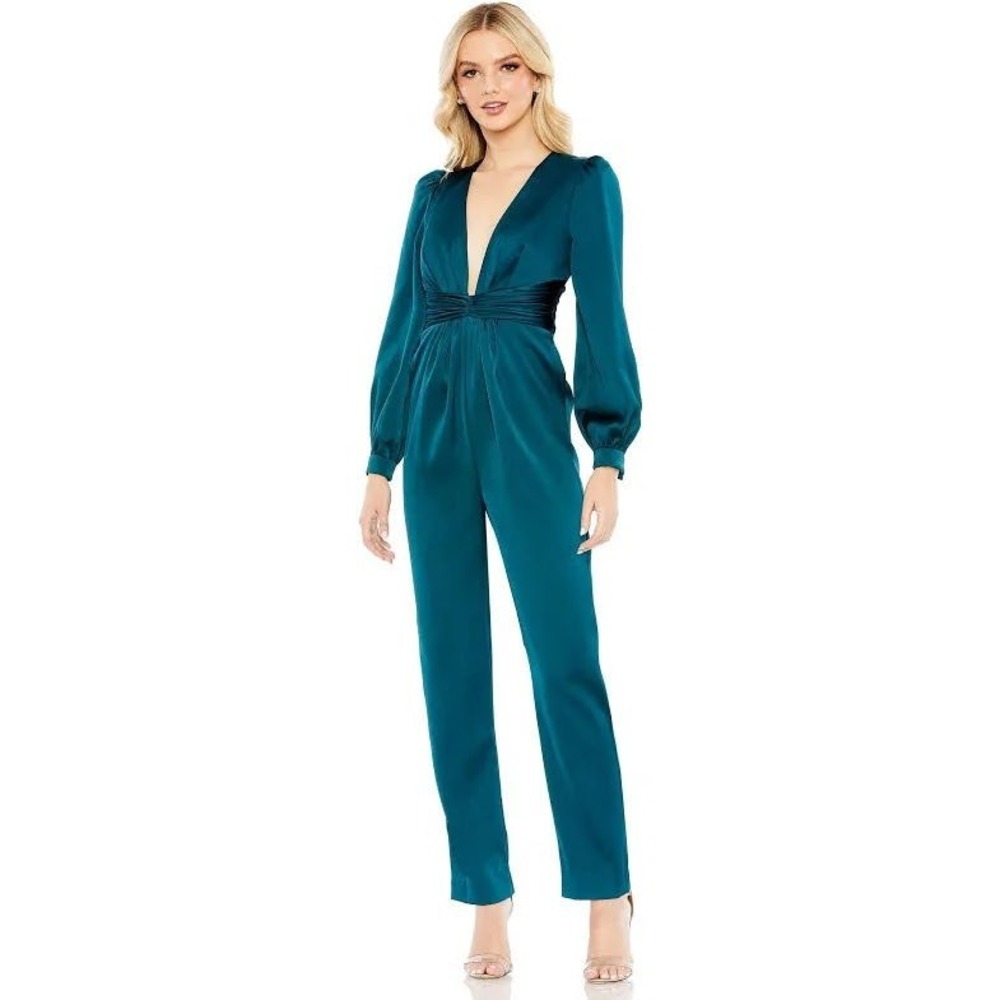 Mac Duggal 2647 Teal Satin Deep V-Neck Long Sleeve Wide Leg Jumpsuit